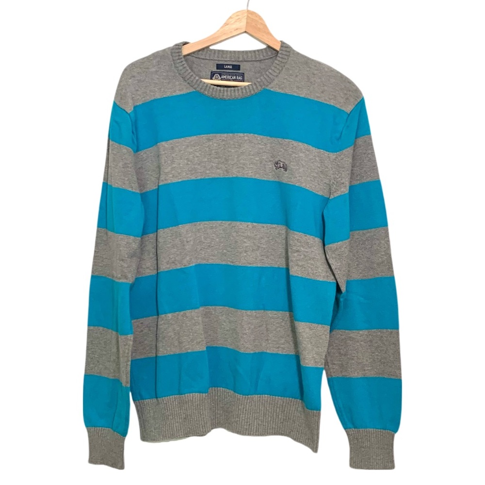 American Rag Men’s Crew Neck Sweater Gray and Blue Size Large 100% Cotton